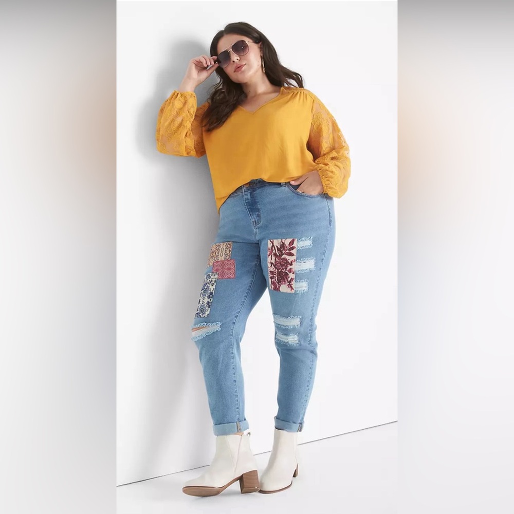 Lane Bryant midrise boyfriend patchwork flex band jeans Boho size 22